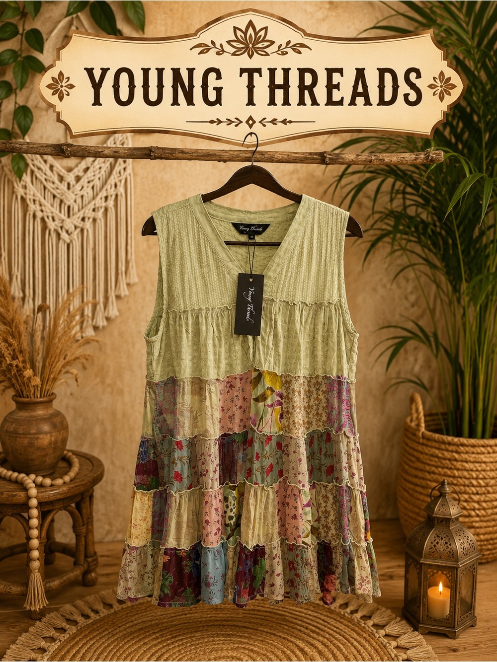 Young Threads Sage Green Patchwork Sleeveless Tunic